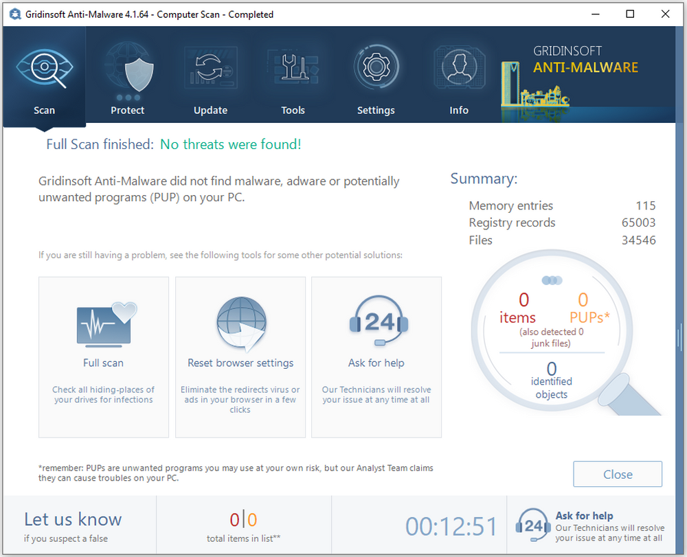 Gridinsoft Anti-Malware full scan result with virtual machine