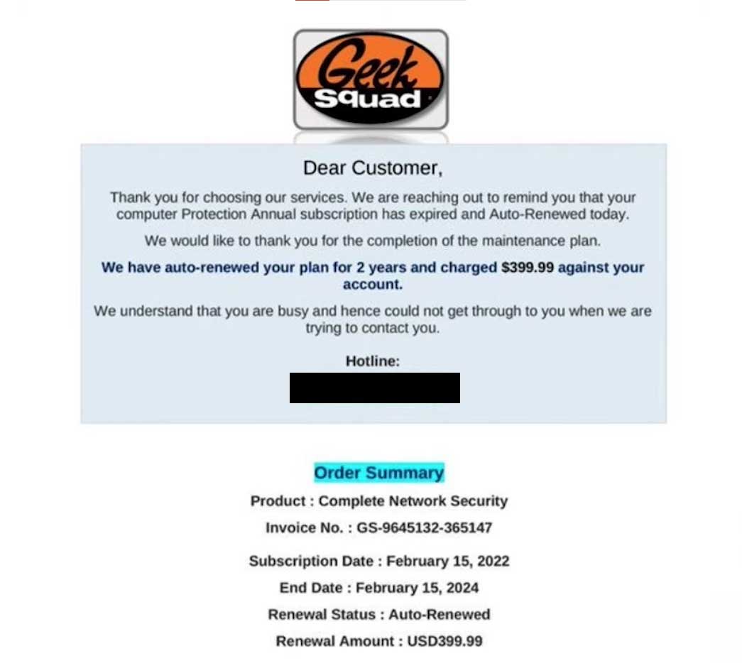 Arnaque par email de la Geek Squad Suppression et récupération